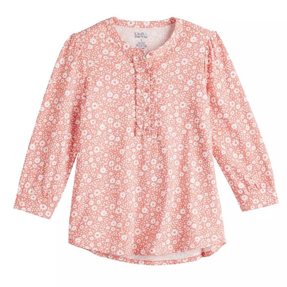 Croft and Barrow Floral Top Womens Size Large Coral White Ruffle Front Blouse - Picture 7 of 8